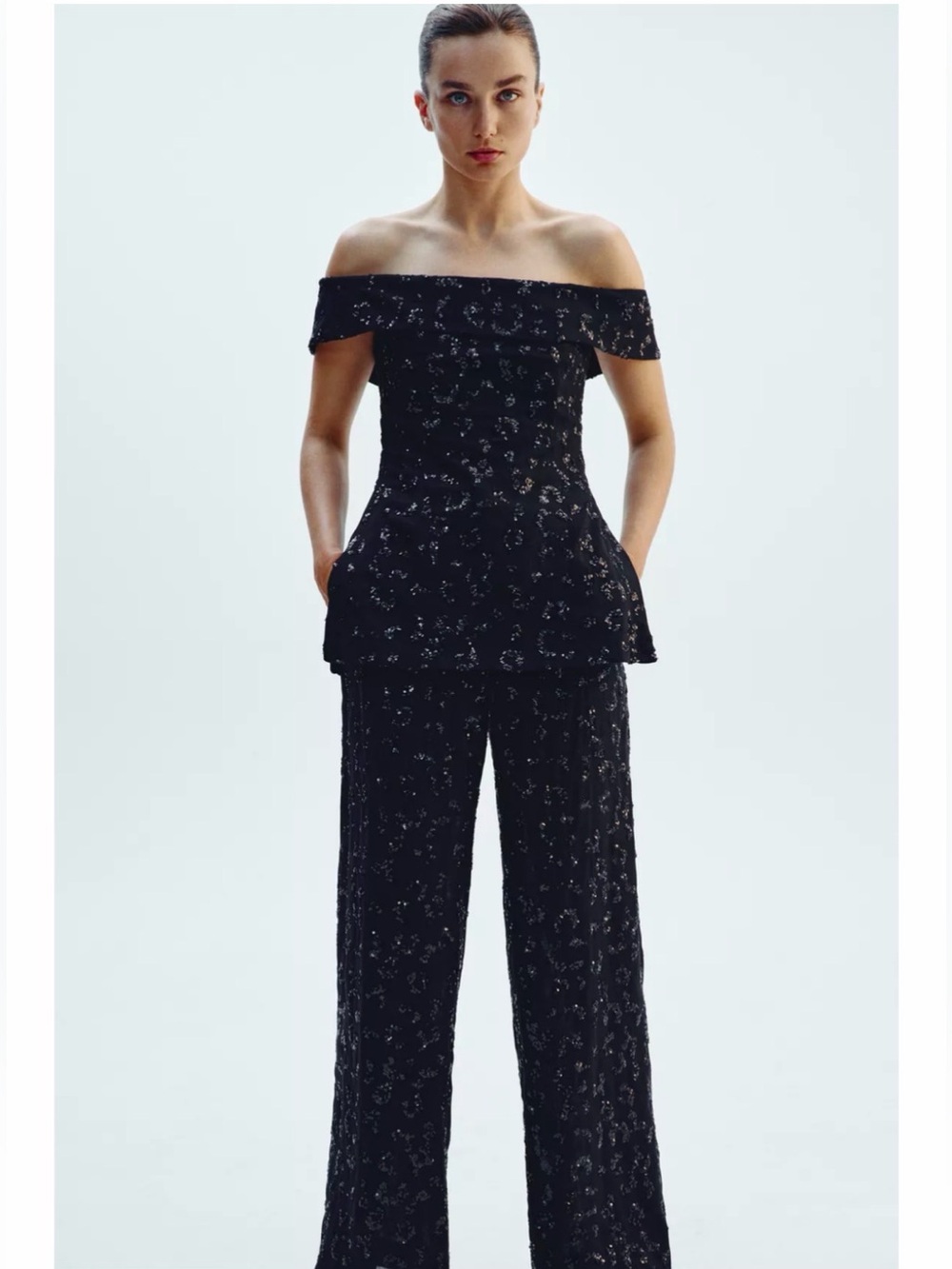Zara Black Sequined Off-Shoulder Wide-Leg set (Top S) / (Bottom M)